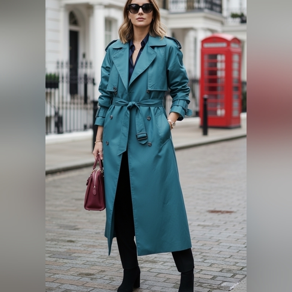 Vintage Teal Double Breasted Trench Coat (S-M Oversize) Lined